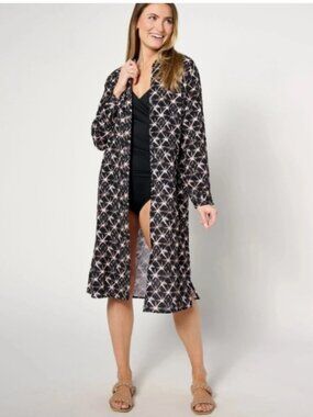 Denim & Co. Beach Gauze Button Front Cover Up-Black Shibori-XS-NEW-A634765